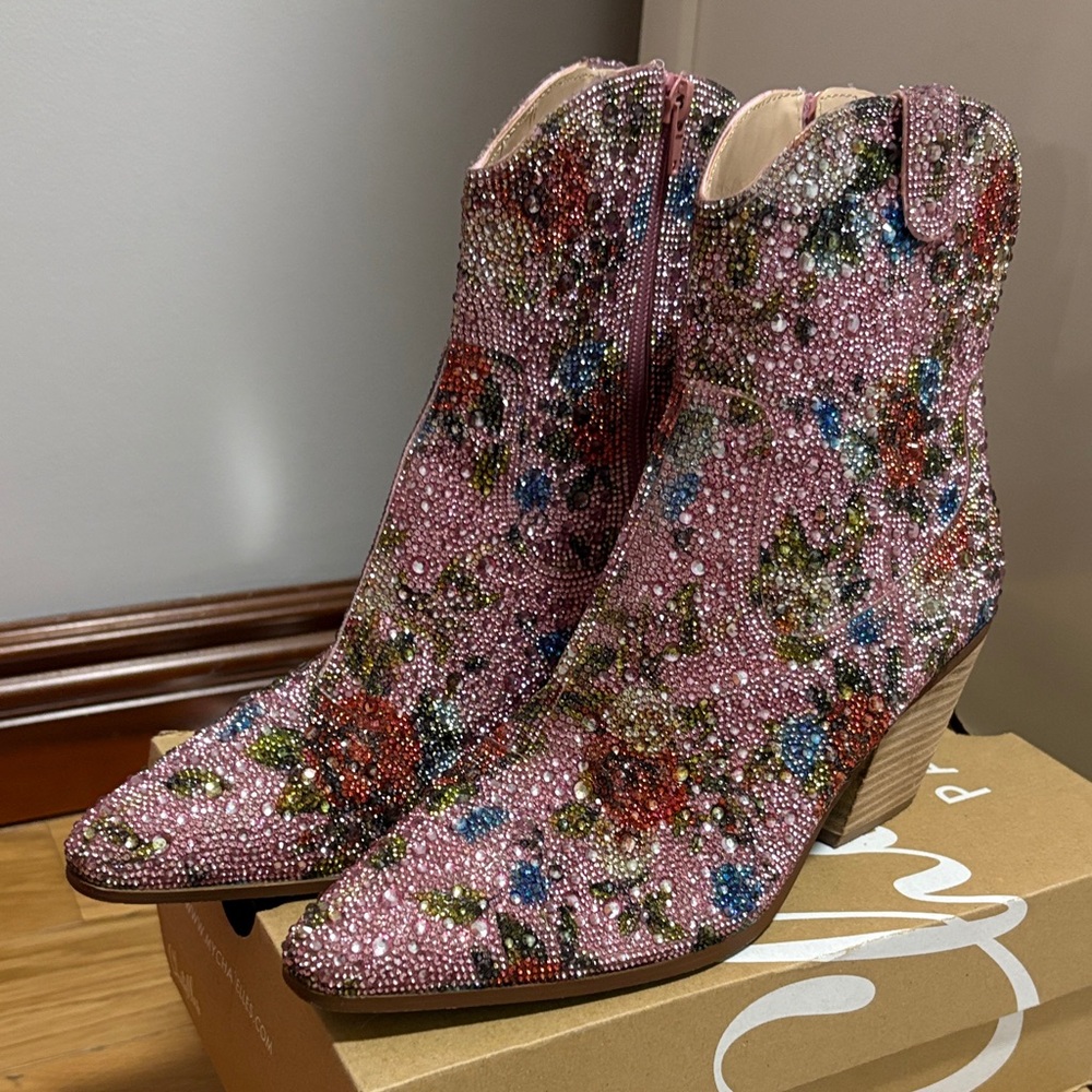 Betsey Johnson Pink Floral Crystal Ankle Boots